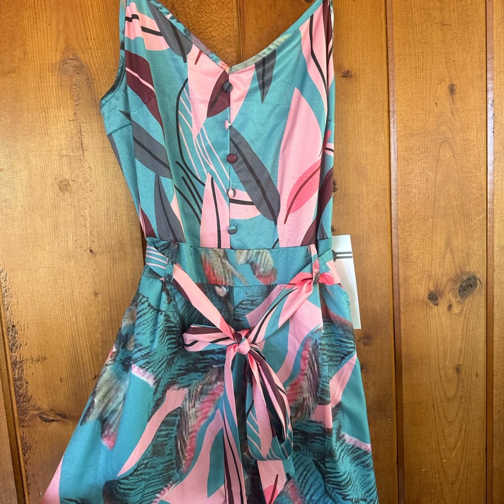 Tropical Print Sleeveless Romper with Belt